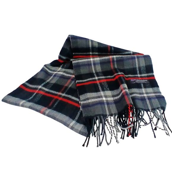 Made In Scotland 100% Cashmere Gray Black Red Plaid Scarf Unisex NWOT - Picture 2 of 4